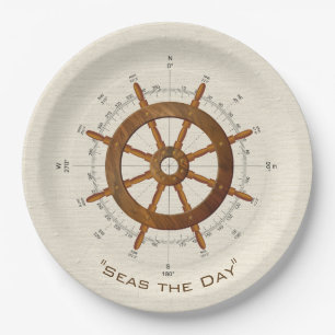 Nautical helm and compass paper plate