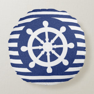 Nautical Helm on Burlap Dark Blue Stripes Round Cushion