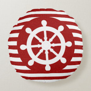 Nautical Helm on Burlap White & Dark Red Stripes Round Cushion
