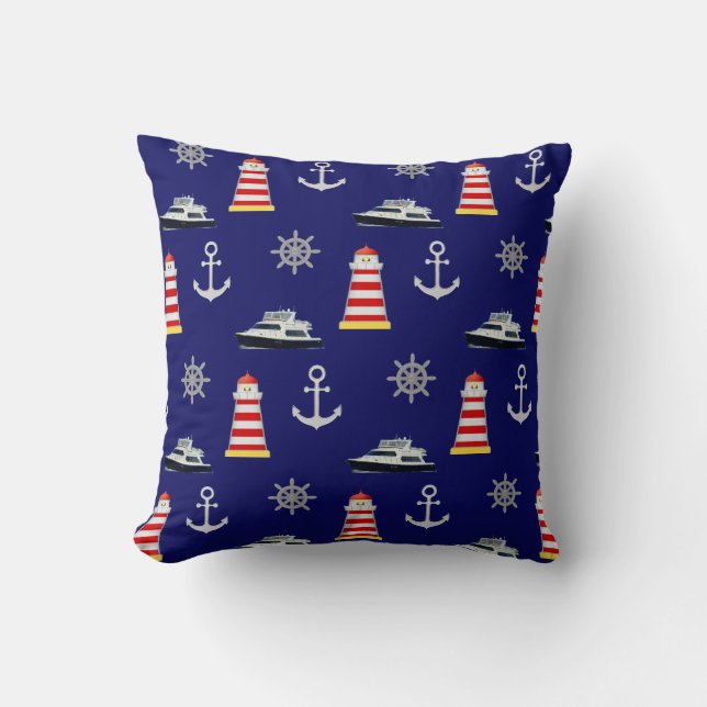 Nautical Icons, Silver Anchor on Navy Blue Cushion (Front)