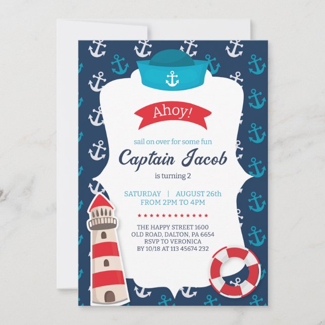 Nautical Invitation for Birthday Party Ahoy! Blue (Front)