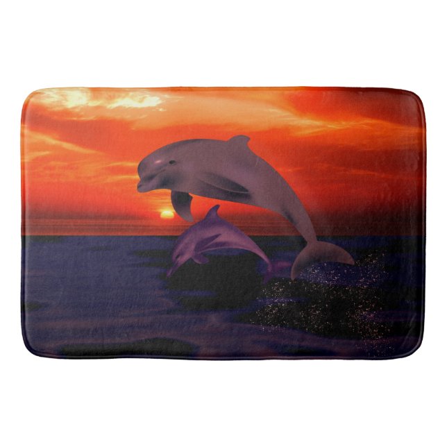 Nautical Jumping Dolphins Orange Ocean Sunset Bath Mat (Front)