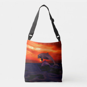 Nautical Jumping Dolphins Orange Ocean Sunset Crossbody Bag