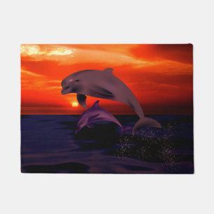 Nautical Jumping Dolphins Orange Ocean Sunset Doormat
