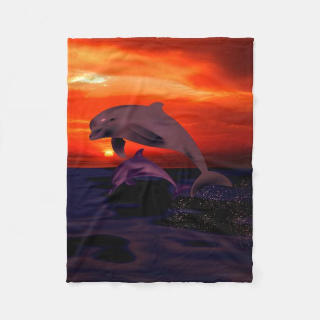 Nautical Jumping Dolphins Orange Ocean Sunset Fleece Blanket (Front)
