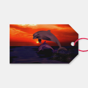 Nautical Jumping Dolphins Orange Ocean Sunset Gift Tags