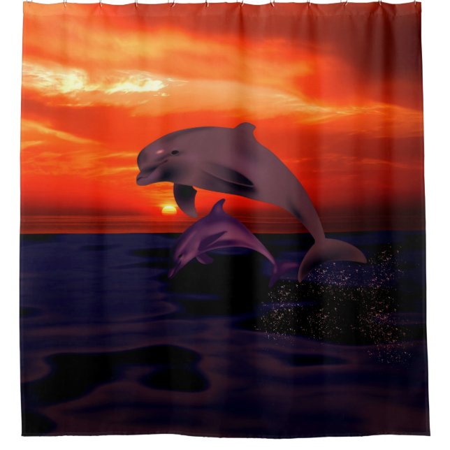 Nautical Jumping Dolphins Orange Ocean Sunset Shower Curtain (Front)