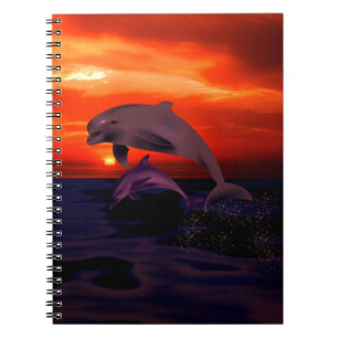 Nautical Jumping Dolphins Orange Ocean Sunset Spiral Notebook