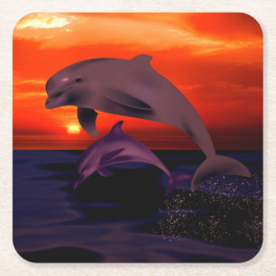 Nautical Jumping Dolphins Orange Ocean Sunset Square Paper Coaster