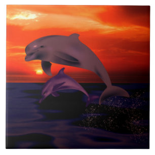 Nautical Jumping Dolphins Orange Ocean Sunset Tile