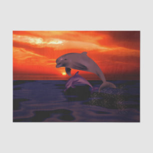 Nautical Jumping Dolphins Orange Ocean Sunset Tissue Paper