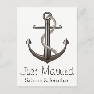 Nautical Just Married Anchor Brown Grey Wedding Announcement Postcard
