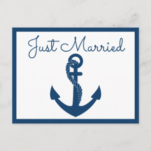 Nautical Just Married Navy Blue Anchor Wedding Announcement Postcard