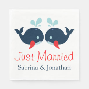 Nautical Just Married Navy Red Whales Wedding Napkin