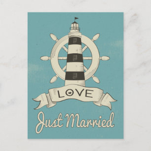 Nautical Just Married Wedding Lighthouse Blue Teal Announcement Postcard