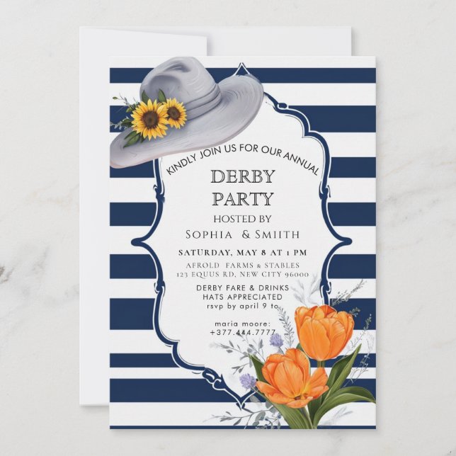 Nautical Kentucky Derby Party Invitation Navy Stri (Front)