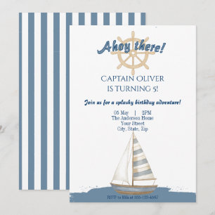 Nautical Kids Birthday   Blue & White boat Invitation