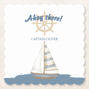 Nautical Kids Birthday   Navy Blue & White boat Paper Coaster