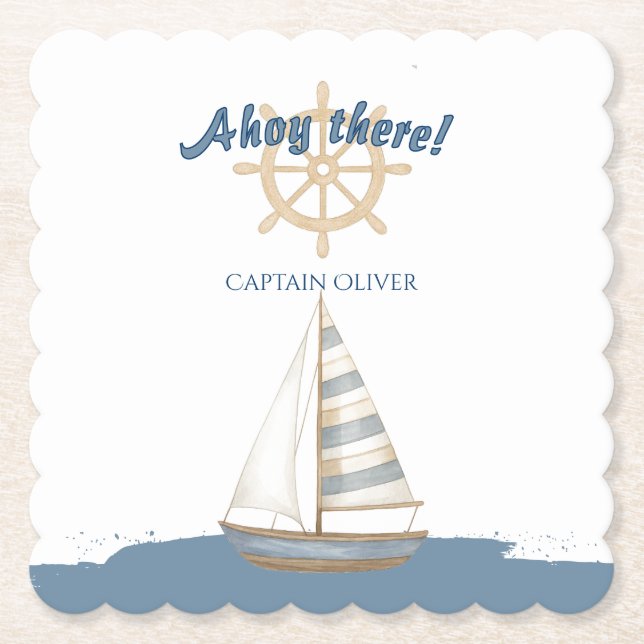 Nautical Kids Birthday | Navy Blue & White boat Paper Coaster (Front)