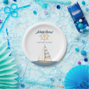 Nautical Kids Birthday   Navy Blue & White boat Paper Plate