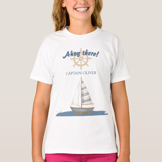 Nautical Kids Birthday | Navy Blue & White boat T-Shirt (Front)