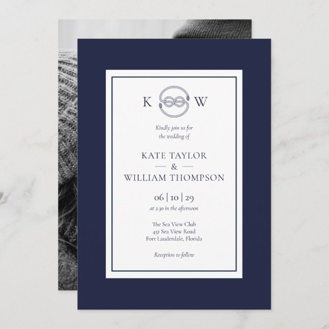 Nautical Knot Navy Blue Monogram Wedding Photo  Invitation (Front/Back)
