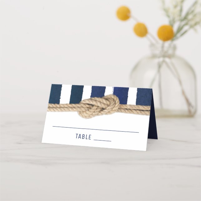 Nautical Knot Navy Stripes Wedding Place Card (Front)