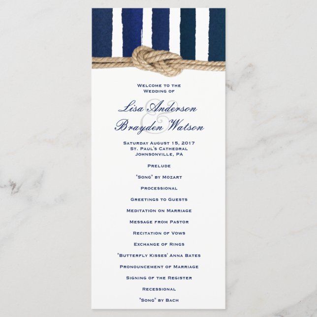 Nautical Knot Navy Stripes Wedding Program Programme (Front)