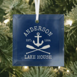 Nautical Lake House Anchor Oars Family Name Blue Glass Tree Decoration<br><div class="desc">Nautical Lake House Anchor Oars Family Name Navy Blue Glass Ornament</div>