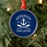 Nautical Lake House Anchor Oars Family Name Blue Metal Tree Decoration<br><div class="desc">Nautical Lake House Anchor Oars Family Name Navy Blue Ornament</div>