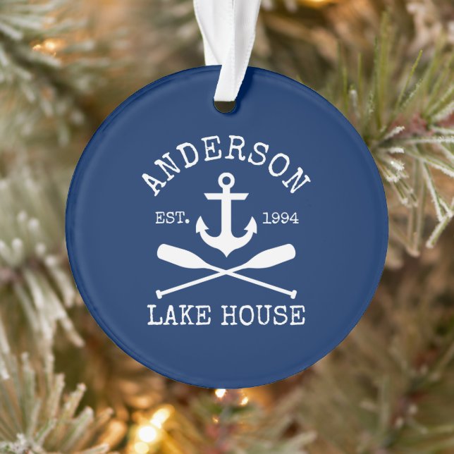 Nautical Lake House Anchor Oars Family Name Blue Ornament (Tree)