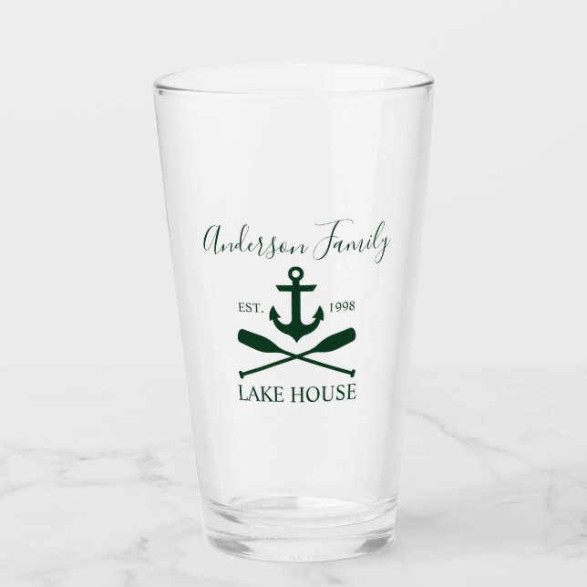 Nautical Lake House Anchor Oars Family Name Green Glass (Front)