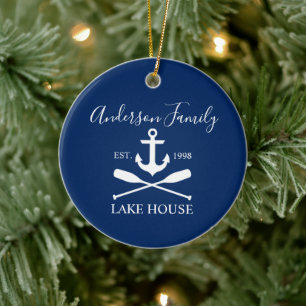 Nautical Lake House Anchor Oars Family Navy Blue Ceramic Tree Decoration