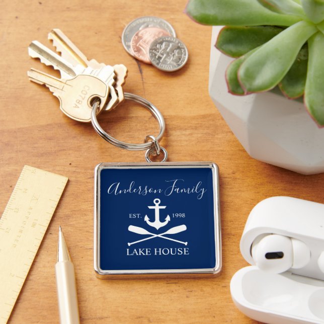 Nautical Lake House Anchor Oars Family Navy Blue Key Ring (Desk)