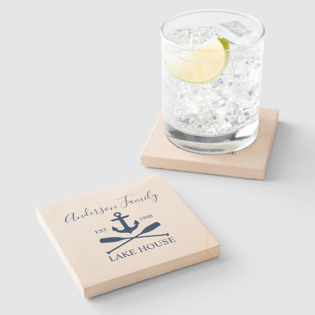 Nautical Lake House Anchor Oars Family Navy Blue Stone Coaster (Side)