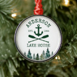 Nautical Lake House Anchor Oars Pines Round Metal Tree Decoration<br><div class="desc">Nautical Lake House Family Name Anchor Oars Christmas Ornament includes Watercolor Green Pine Trees</div>