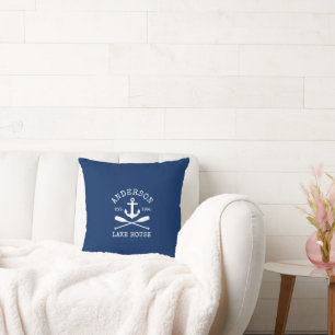 Nautical Lake House Family Anchor Oars Navy Blue Cushion