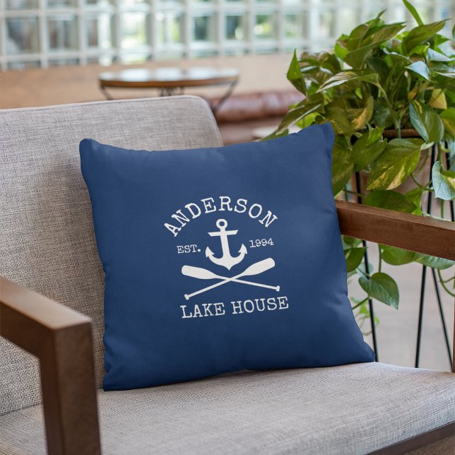 Nautical Lake House Family Anchor Oars Navy Blue Cushion (Customize to change text size or text style.)