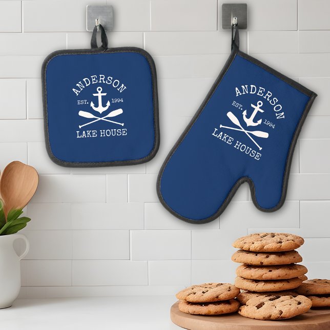 Nautical Lake House Family Anchor Oars Navy Blue Oven Mitt & Pot Holder Set (A great addition to your kitchen.)