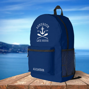 Nautical Lake House Family Anchor Oars Navy Blue Printed Backpack