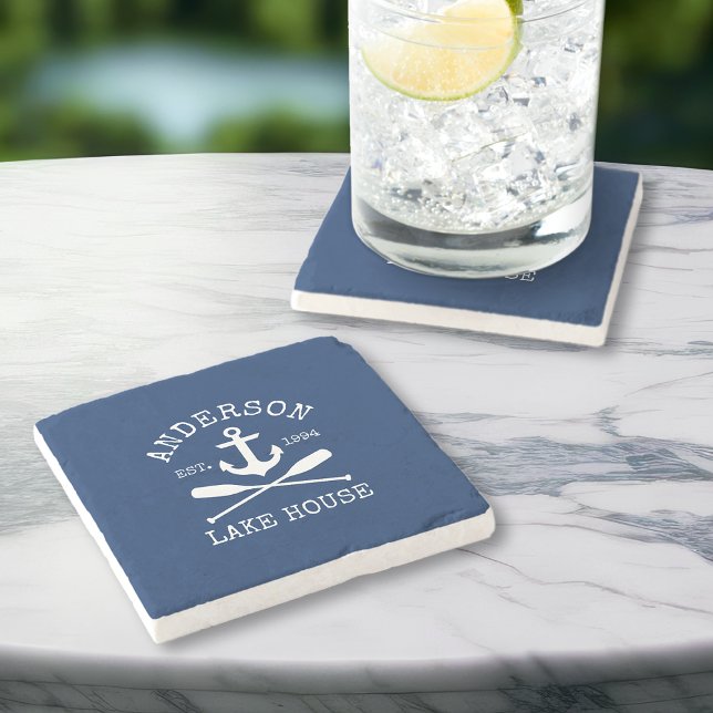 Nautical Lake House Family Anchor Oars Navy Blue Stone Coaster (Customize to change text size, style or background color.)