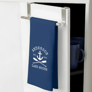 Nautical Lake House Family Anchor Oars Navy Blue Tea Towel