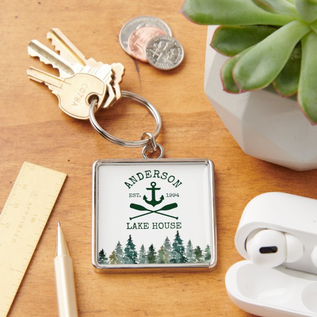 Nautical Lake House Family Name Anchor Oars Pines Key Ring (Desk)