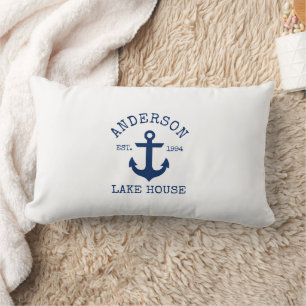 Nautical Lake House Family Name Navy Blue Anchor Lumbar Cushion