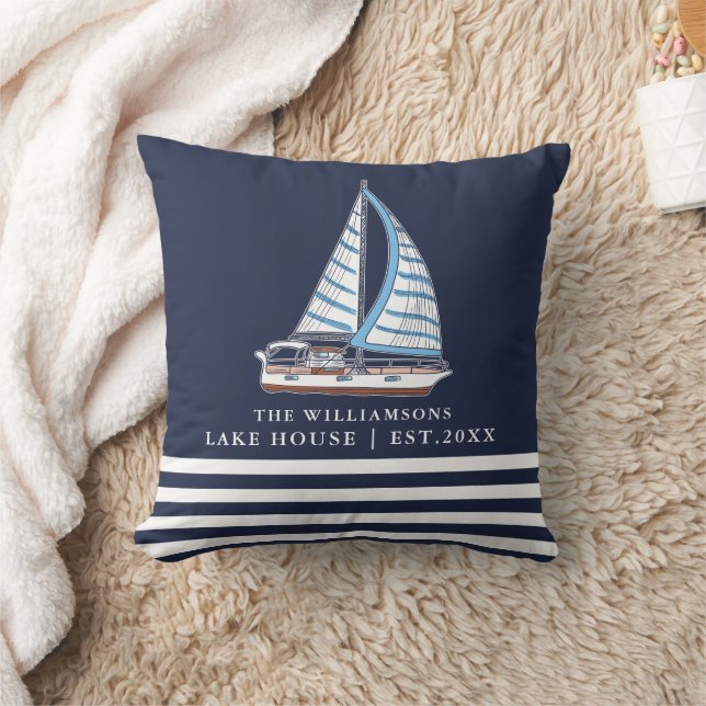 Nautical Lake House Sail Boat Custom Navy Blue Cushion (Blanket)