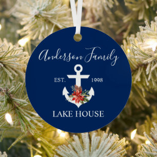 Nautical Lake House Winter Floral Navy Blue Metal Tree Decoration