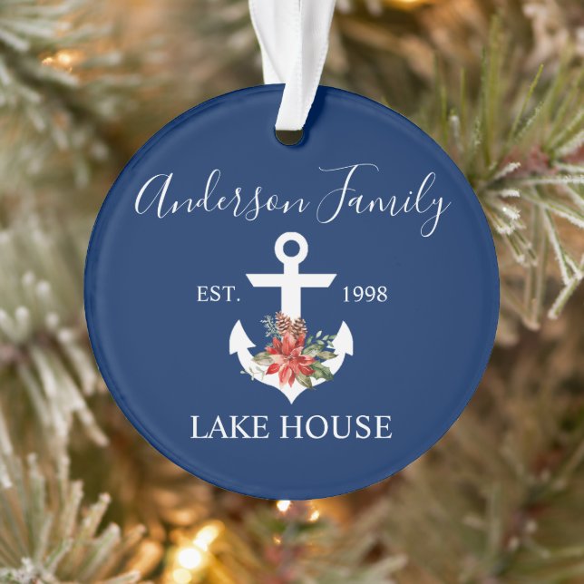 Nautical Lake House Winter Floral Navy Blue Ornament (Tree)