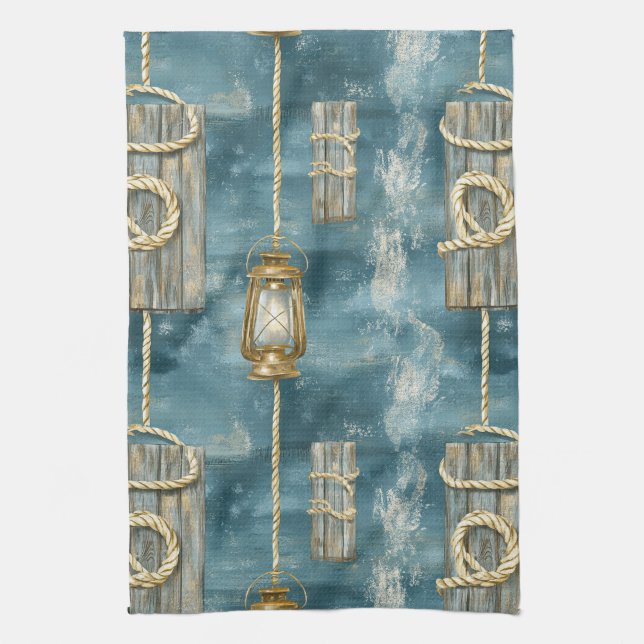 Nautical Lantern Rope Coastal Blue Pattern (1) Tea Towel (Vertical)