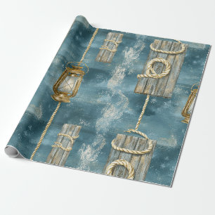 Nautical Lantern Rope Coastal Blue Pattern (1) Wrapping Paper