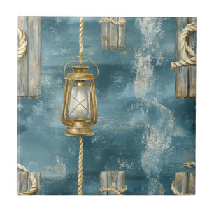 Nautical Lantern Rope Coastal Blue Pattern Tile